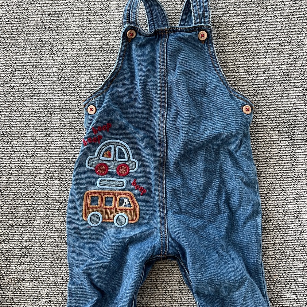 Denim Kids Overalls with Car and Bus Embroidery
